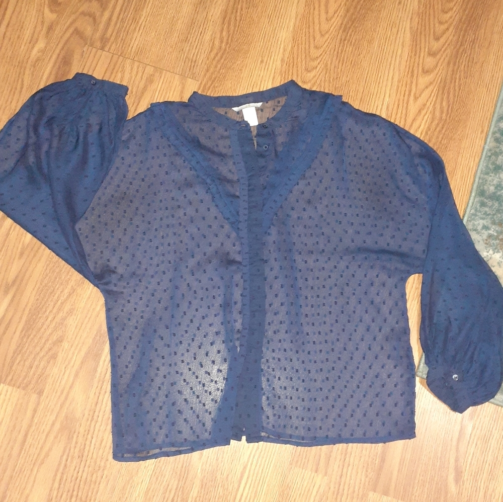 Women's Navy Sheer Dot Button-Front Top